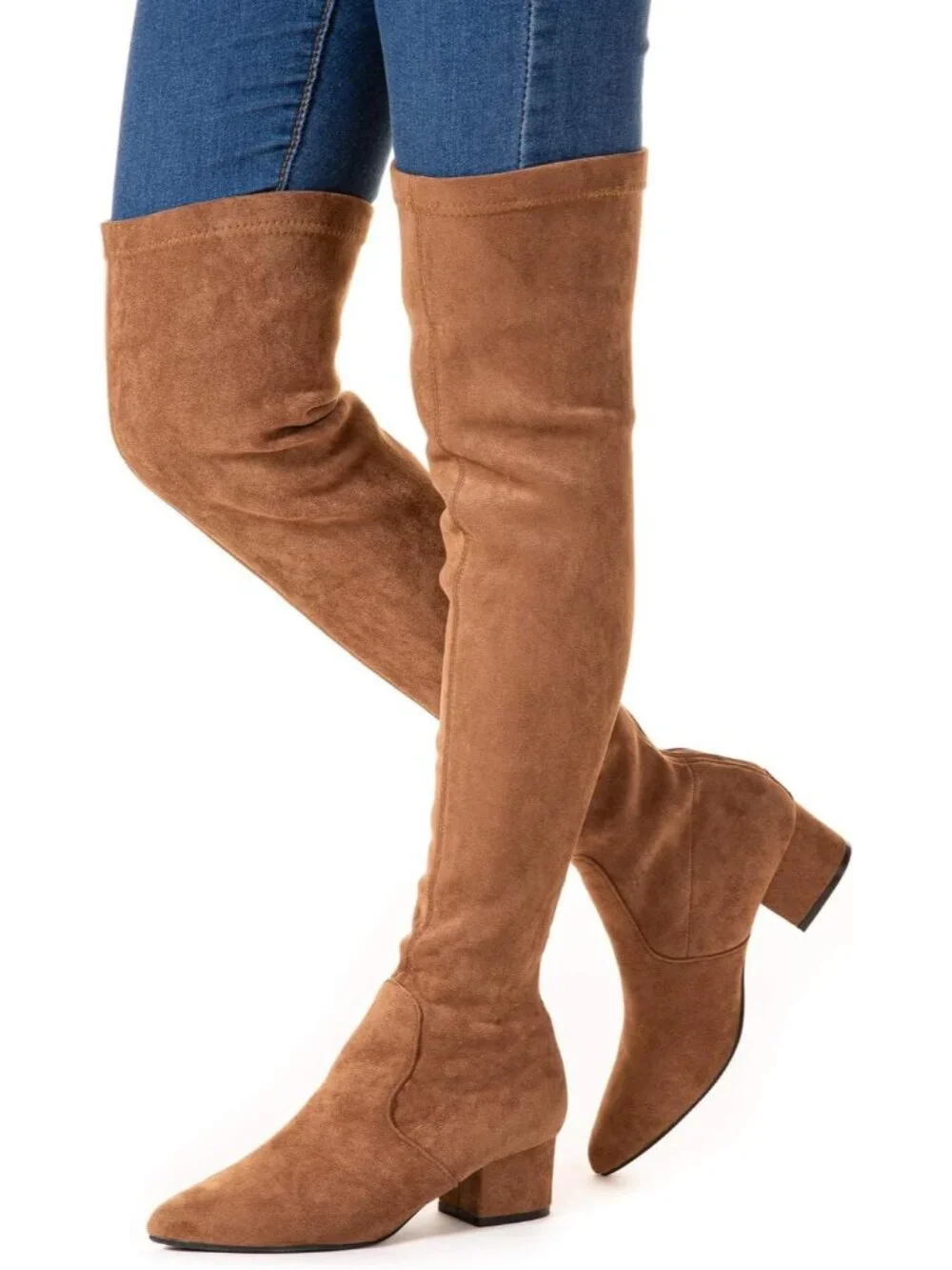 Women's Brown 2 Inch Pointed Toe Chunky Block Heel Over The Knee High Boots